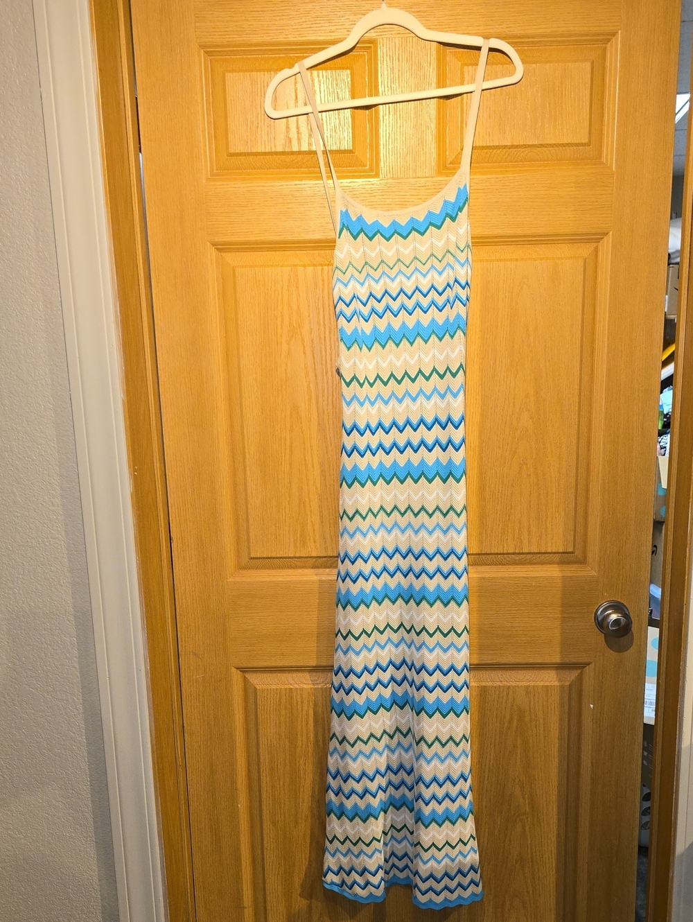 Blue Chevron Maxi Dress with Thin Straps